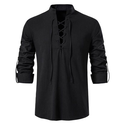 Men's Cotton Linen Long Sleeve Casual Stand Collar Shirt