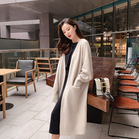 Mid-length Sweater Women's Solid Color V-neck Knitted Jacket
