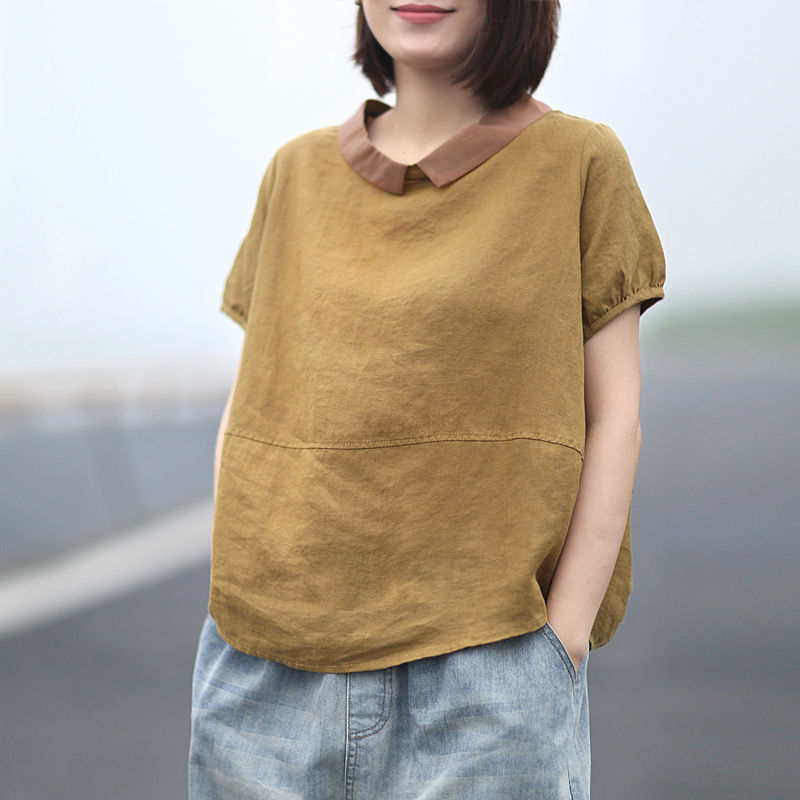 Women's Fashion Casual Loose Cotton And Linen Short Sleeve Stitching Shirt