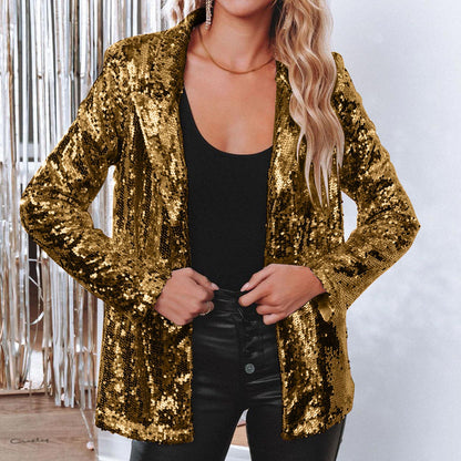 Lapel Long Sleeve Sequined Casual Suit Jacket Women