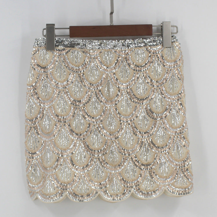 Heavy industry sequin wave edge hip hugging short skirt and half body skirt