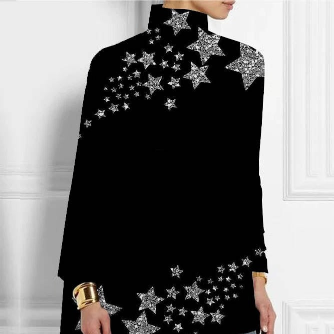 Christmas Abstract 3D Printed Loose Turtleneck Urban Casual Women's T-shirt