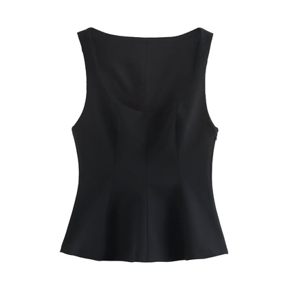 Pleated Slim-fit Square Collar Sleeveless Small Top