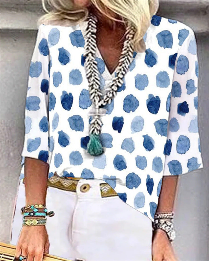 V-Neck Dot Print Loose Casual Shirt Top