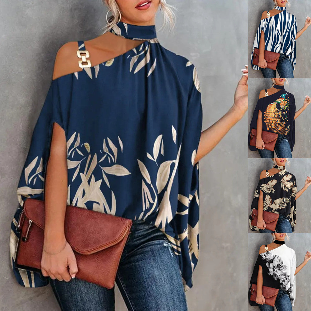 Women's Fashion Doll Sleeve Printed Shirt