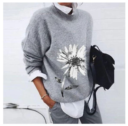 Women's Fashion Wearing Flower Print Loose Long Sleeve Top