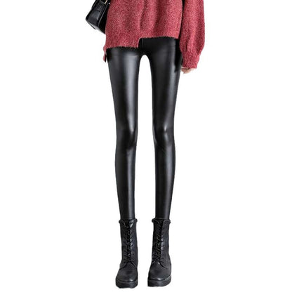 PU Fleece-lined High Waist Slimming Windproof Waterproof Leggings