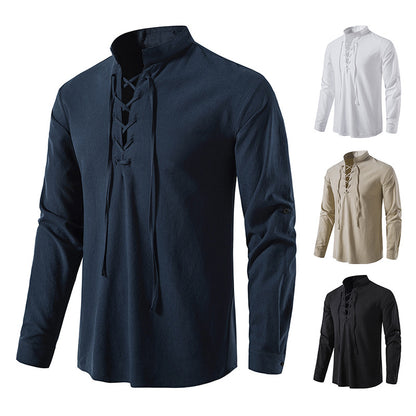 Men's Cotton Linen Long Sleeve Casual Stand Collar Shirt