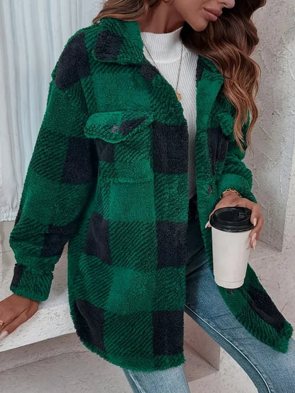 Plush Plaid Women's Autumn And Winter Open Button Lapel Thermal Plaid Pattern Jacket