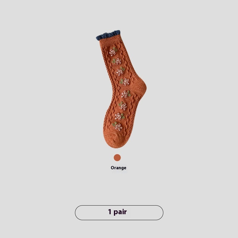 Vintage Small Flower Wool Socks Fleece Lined Padded Warm Keeping Tube Socks