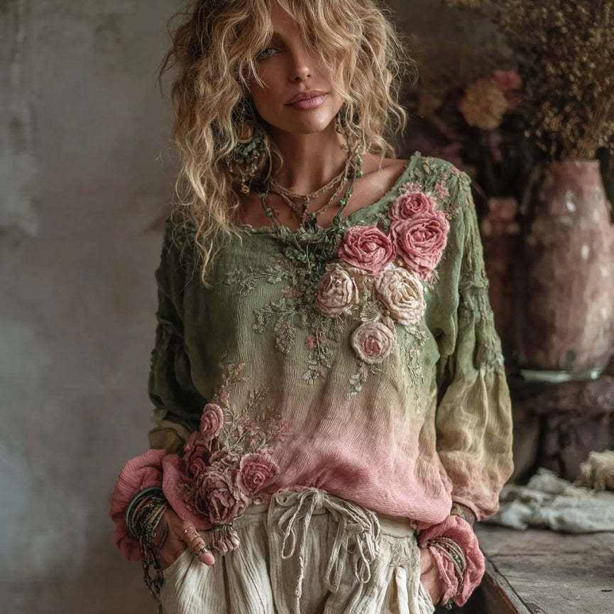 Printed Women's Round Neck Long Sleeve Vintage Bohemian Top
