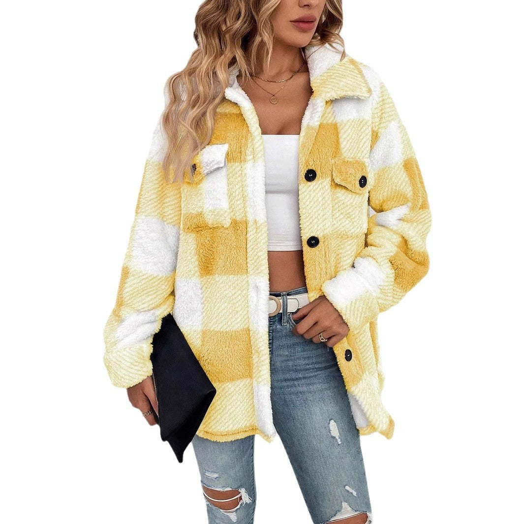 Plush Plaid Women's Autumn And Winter Open Button Lapel Thermal Plaid Pattern Jacket