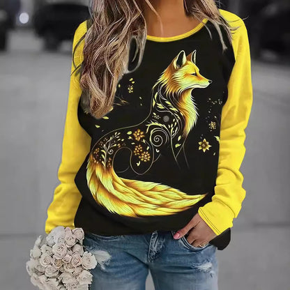 Contrast Color Fox Print Pattern Round Neck Long Sleeve T-shirt