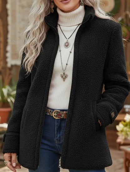 Womens Stand-Up Collar Solid-Color Loose Casual Long-Sleeve Fleece Zip-Up Jacket