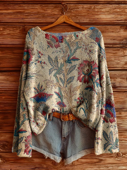 Women's Printed Loose Retro Long-sleeved Brushed Top