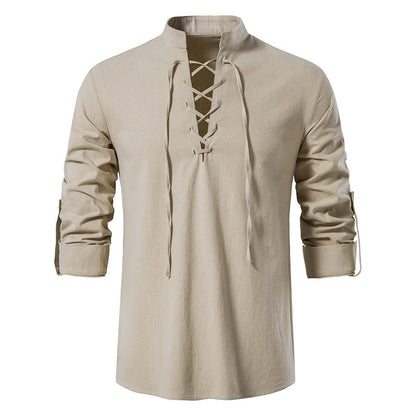 Men's Cotton Linen Long Sleeve Casual Stand Collar Shirt