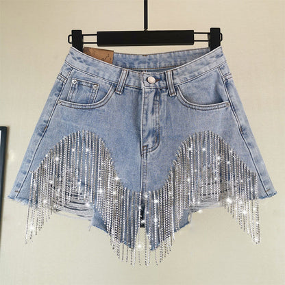 Fringed Chain Jeans Women's High Waist Slim Se Xy Shorts European And American Style Heavy Industry Beading Tide