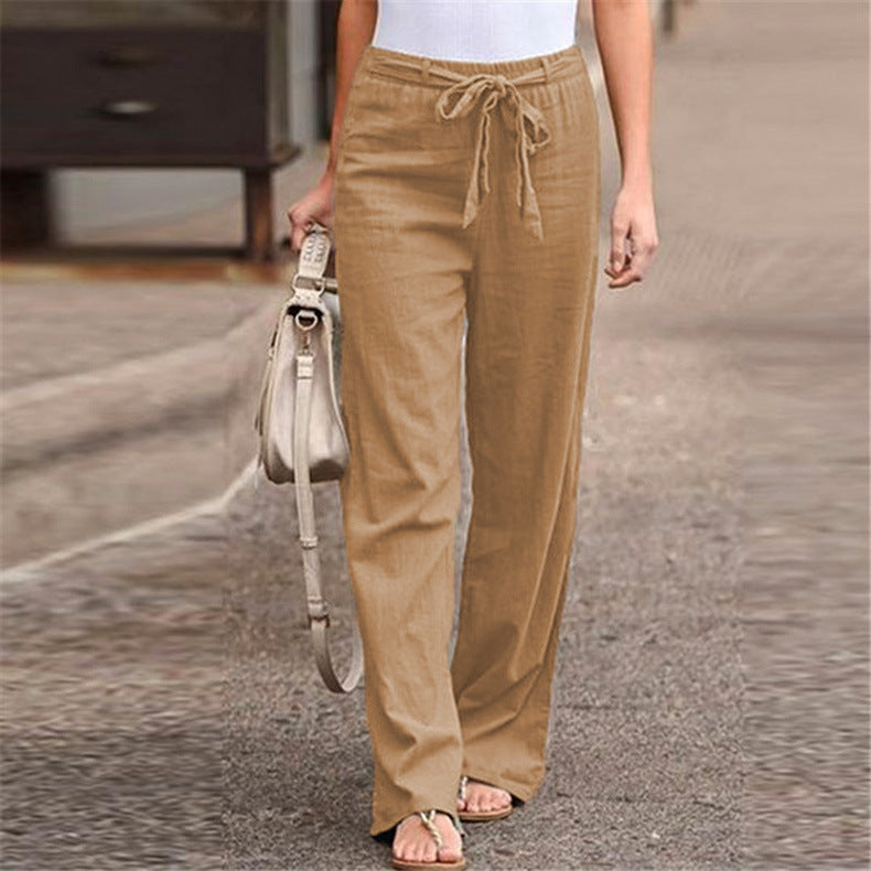 European And American Cotton And Linen Casual Wide-leg Pure Color Elastic Waist Lace-up Loose Women's Trousers