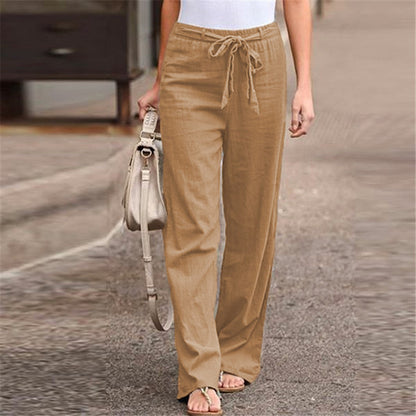 European And American Cotton And Linen Casual Wide-leg Pure Color Elastic Waist Lace-up Loose Women's Trousers