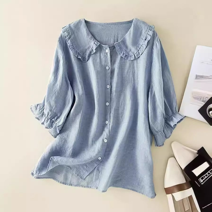 Loose Half Sleeve Shirt Women's Col Claudine Top