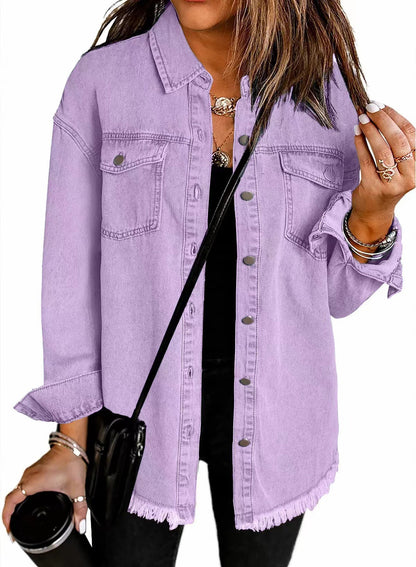 Washed Denim Shirt Women's Personalized Street Style Frayed Hem Coat