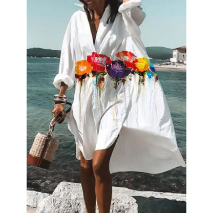 Women's Casual Loose Lapel Midi Shirt Dress
