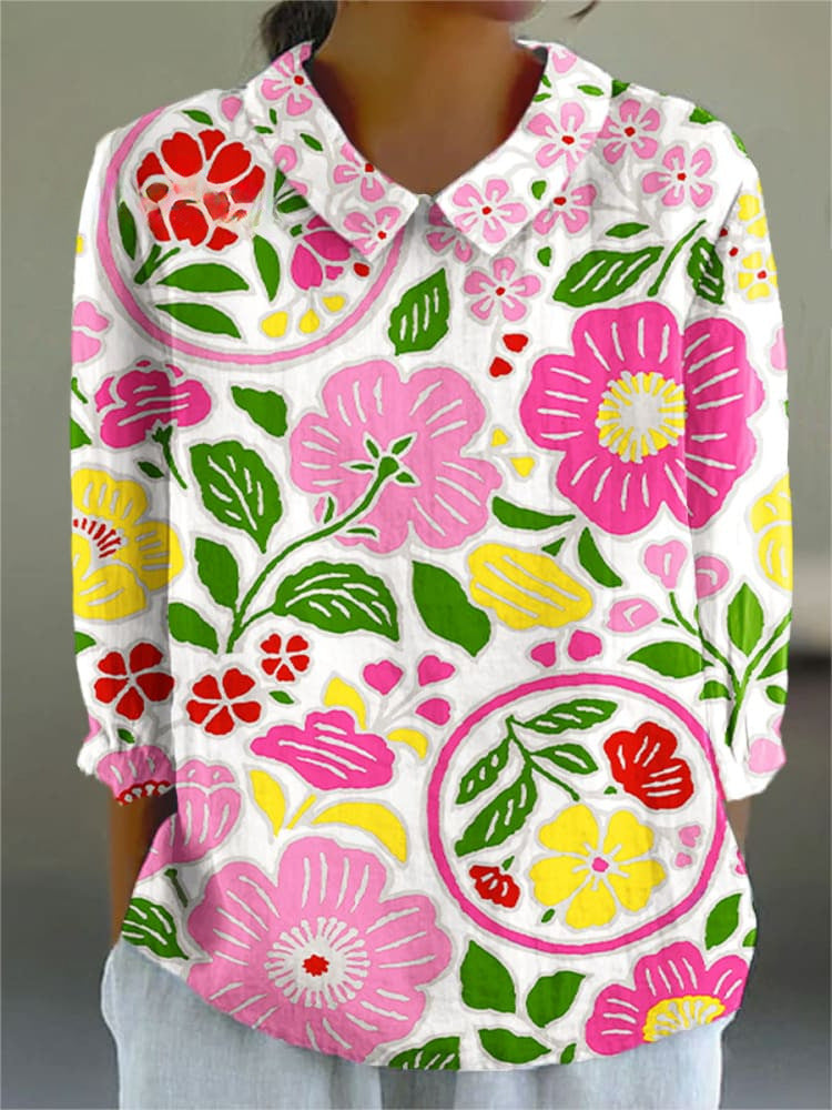 Ladies Flower Fashion Personality Polo Collar Top