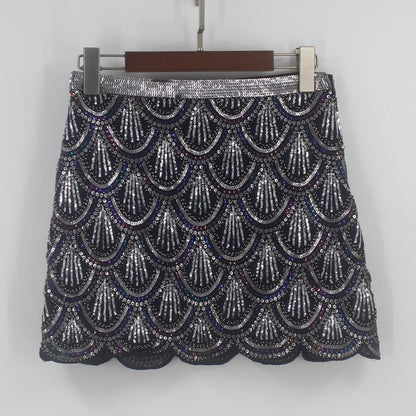 Heavy industry sequin wave edge hip hugging short skirt and half body skirt