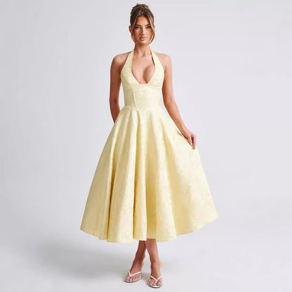 V-neck Halter Sleeveless Jacquard Lace-up Waist Vacation Style Long Senior Dress