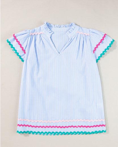 Sky Blue Stripe Ricrac Trim Split Neck Striped Ruffled Sleeve Blouse