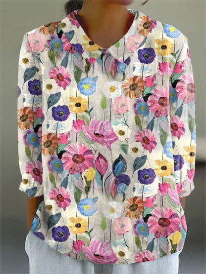 Ladies Flower Fashion Personality Polo Collar Top