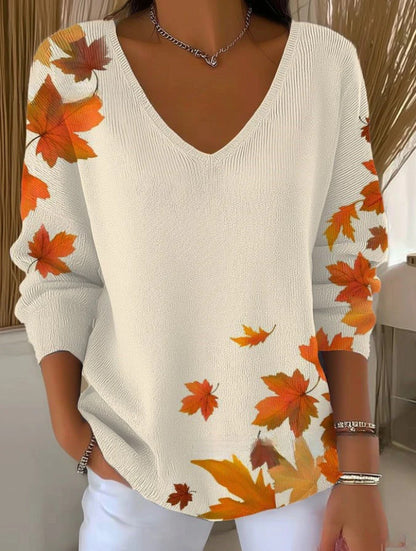 Printed Women's Gradient Color V-neck Long-sleeved T-shirt