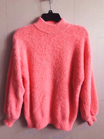 Faux Mink Half High Neck Loose Solid Color Sweater