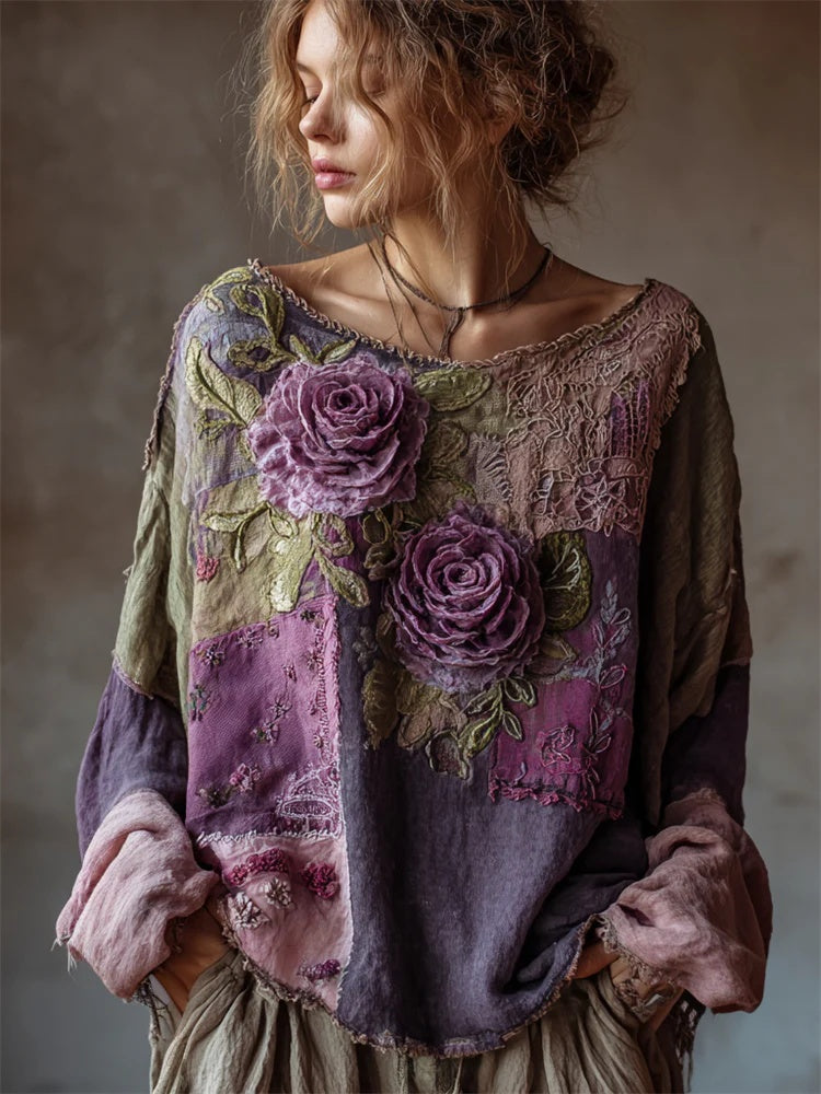 Printed Women's Round Neck Long Sleeve Vintage Bohemian Top