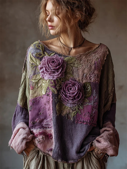 Printed Women's Round Neck Long Sleeve Vintage Bohemian Top
