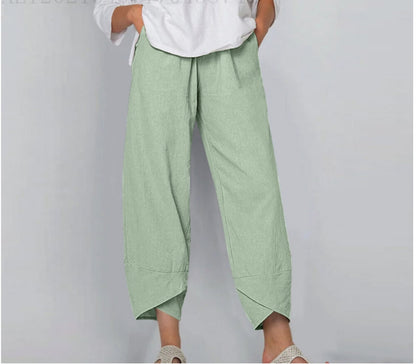 Cotton Sack Trousers With Loose Solid Color Elastic Waist And Side Pockets