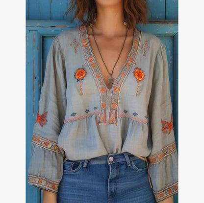 V-neck Short-sleeved Lace-up Mori Blouse