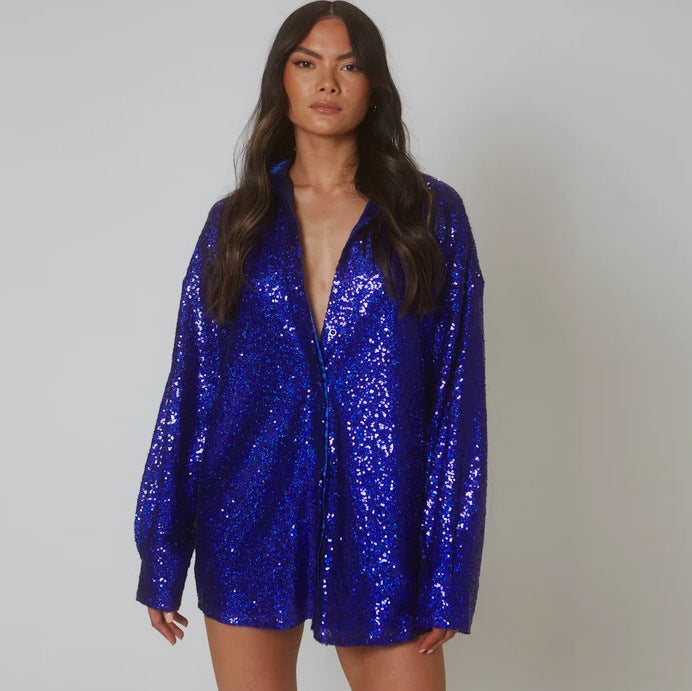 Women's Fashion Temperament Sequin Lapel Long Sleeves