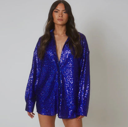 Women's Fashion Temperament Sequin Lapel Long Sleeves