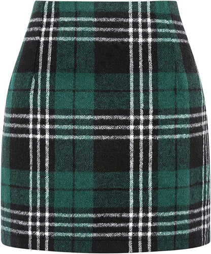 Women's High Waist Plaid Tight Pencil Wool Mini Skirt