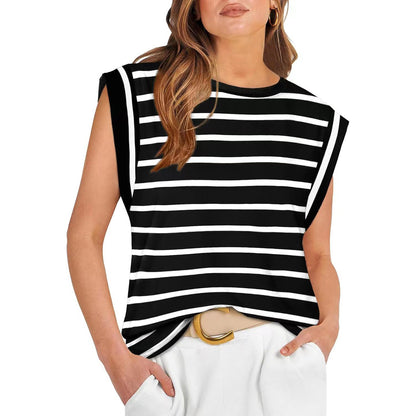 Round Neck Loose Short Sleeves Striped Top For Women