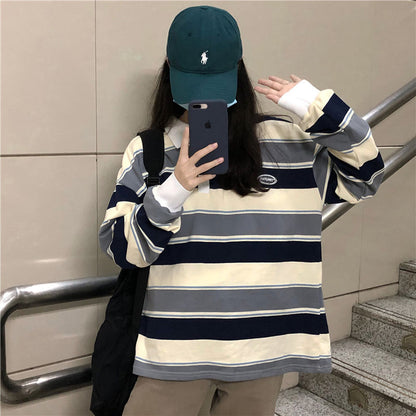 Spring And Autumn Idle Style Striped Loose Collar Sweater