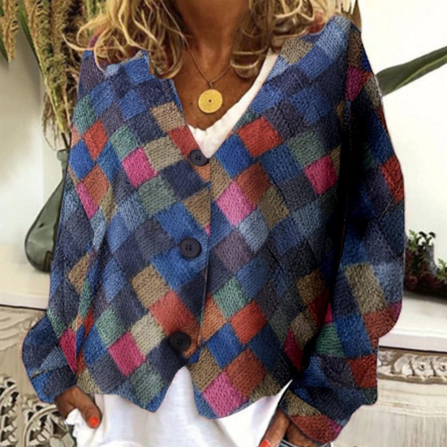 Spring And Autumn Casual V-neck Button Irregular Pattern Print Coat For Women