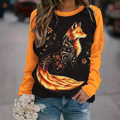 Contrast Color Fox Print Pattern Round Neck Long Sleeve T-shirt