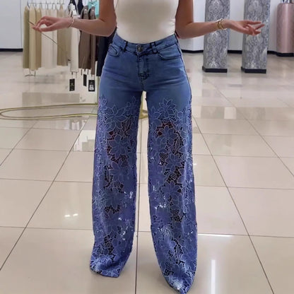Fashionable Patchwork Denim Jeans For Women With Hollowed-Out Lace Details