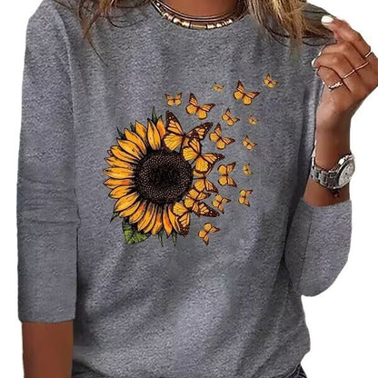 Women's Fashion Butterfly Sunflower Print Top