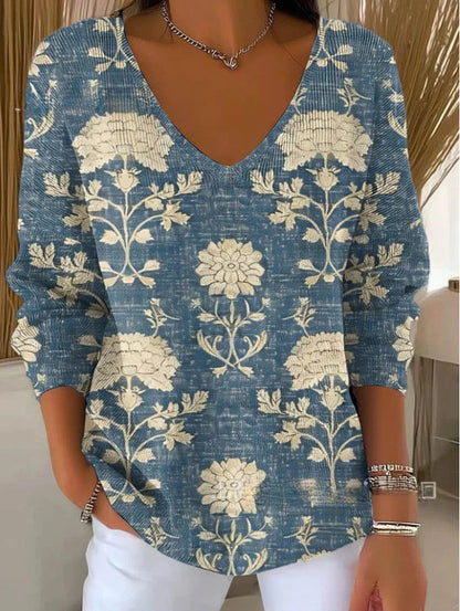 Printed Women's Gradient Color V-neck Long-sleeved T-shirt
