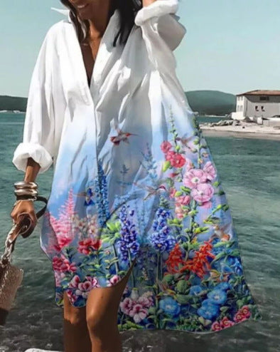 Women's Casual Loose Lapel Midi Shirt Dress