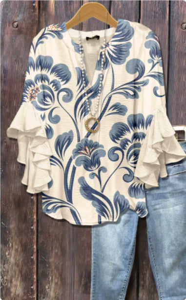 Women's V-neck Fashion Lotus Sleeve T-shirt