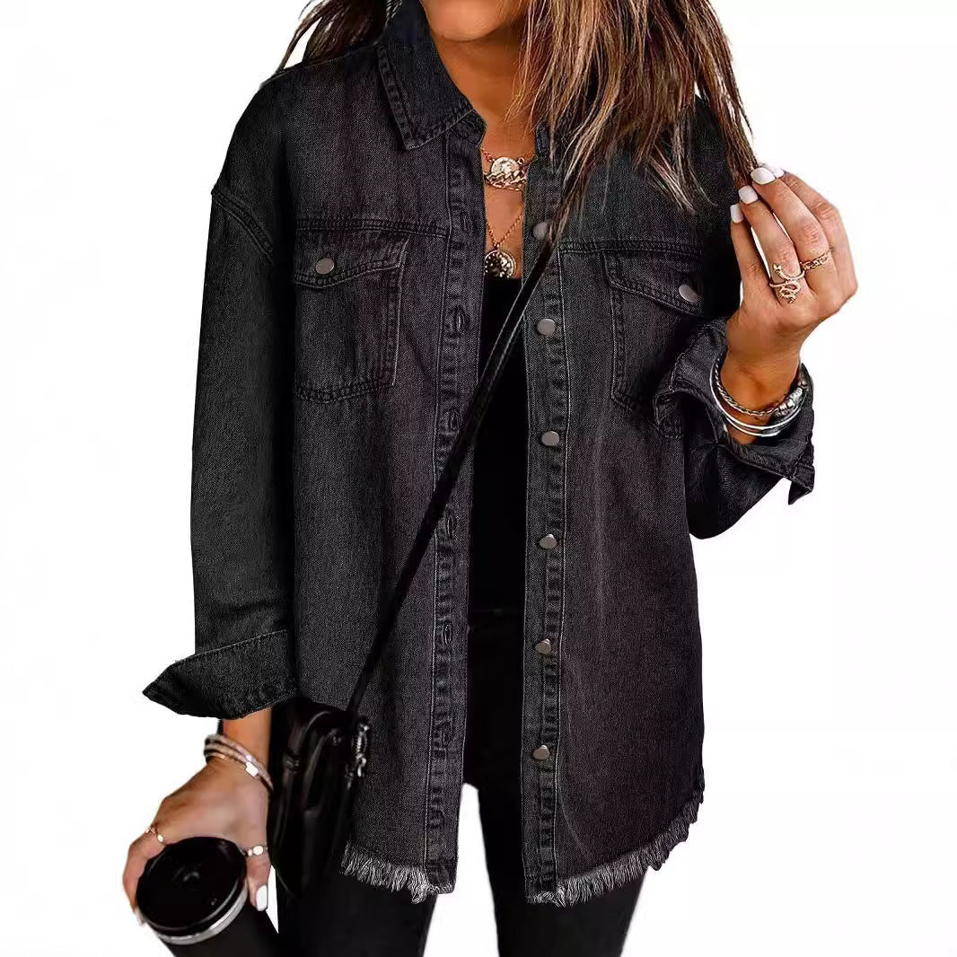 Washed Denim Shirt Women's Personalized Street Style Frayed Hem Coat